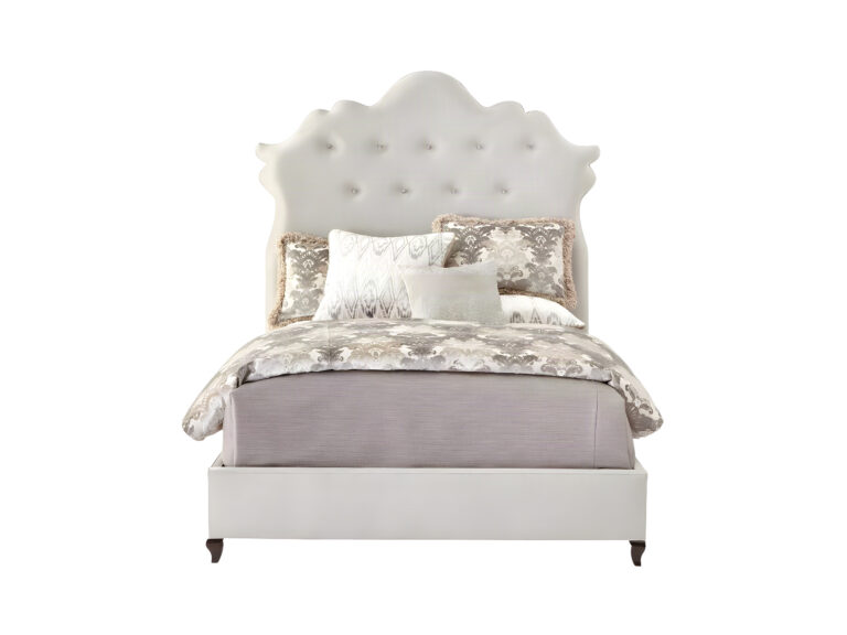 Cama Estofada AnaBelle AD Boutique, em veludo cinza-claro, cabeceira capitonê com curvas suaves e acabamento premium exclusivo.