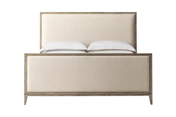 A Cama Estofada Aretha AD Boutique exibe capitonê sofisticado em linho bege premium, estrutura em madeira nobre e dois travesseiros brancos.