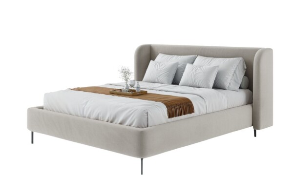 A Cama Estofada Corina AD Boutique exibe cabeceira de alta curva com capitonê, estofamento premium e enxoval exclusivo em branco.