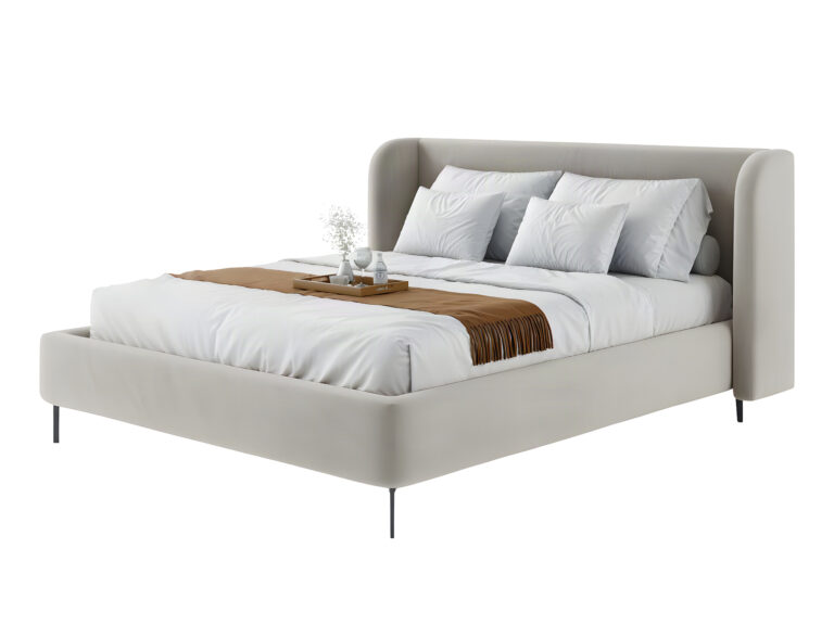 A Cama Estofada Corina AD Boutique exibe cabeceira de alta curva com capitonê, estofamento premium e enxoval exclusivo em branco.
