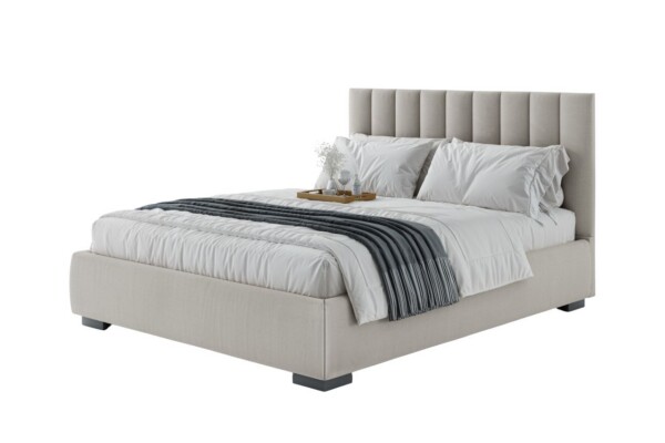 A Cama Estofada Gabriel AD Boutique exibe capitonê artesanal em linho premium, enxoval branco e manta cinza; bandeja nobre completa.