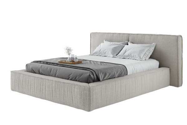 A Cama Estofada Jorlong da AD Boutique exibe acabamento capitonê, estofamento premium e enxoval cinza elegante com almofadas brancas.