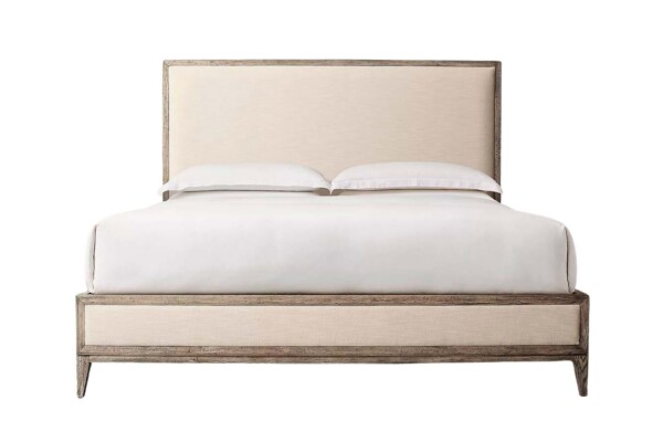 A Cama Estofada Marie AD Boutique, king size, exibe cabeceira capitonê em linho bege e estrutura premium, puro requinte exclusivo.