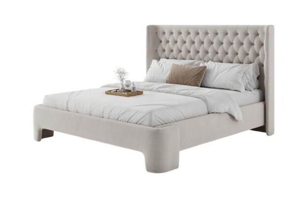 A Cama Estofada Marrye da AD Boutique exibe cabeceira capitonê em tecido premium, enxoval branco exclusivo e detalhes refinados.