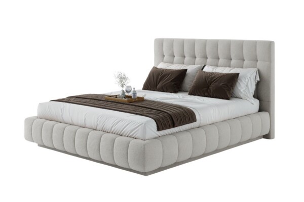 A Cama Estofada Turca AD Boutique exibe cabeceira e base em capitonê premium, linho branco, almofadas e manta em tons terrosos.