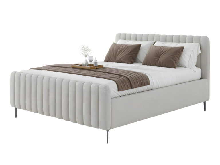 A Cama Estofada Verticale AD Boutique exibe estrutura capitonê em linho premium, enxoval branco e detalhes sofisticados exclusivos.