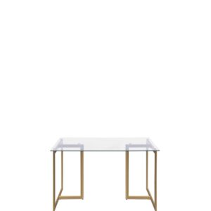 Mesa de jantar amon vista de frente com tampo em vidro e base em dourado