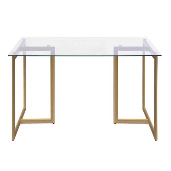 Mesa de jantar amon vista de frente com tampo em vidro transparente e base em metal dourado