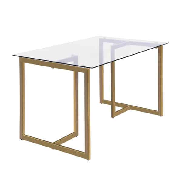 Mesa de jantar amon vista de lado com tampo em vidro e base em metal dourado