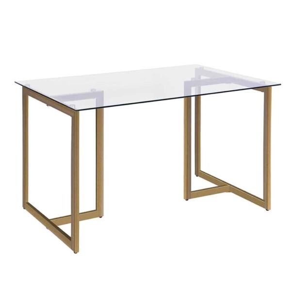 Mesa de jantar amon vista de lado com tampo em vidro transparente e base em metal dourado