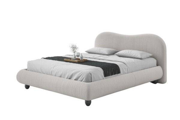 A Cama Estofada Berlim AD Boutique exibe cabeceira curva com capitonê, estofamento premium em linho bege e acabamento impecável.