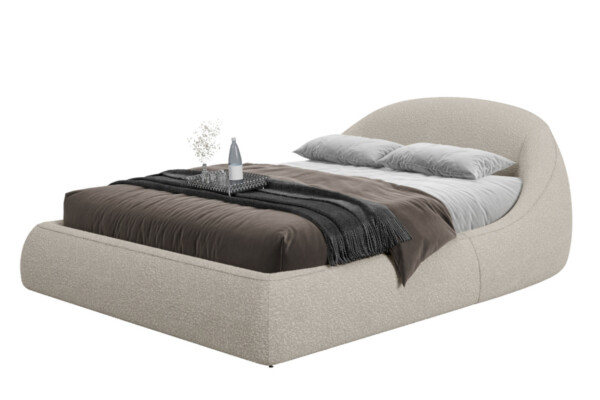 Cama Estofada Berna AD Boutique, com estofamento premium capitonê, roupa cinza luxuosa, almofadas brancas e bandeja refinada.