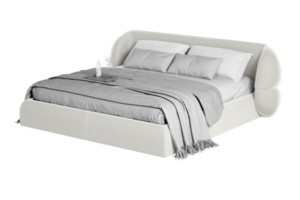 Cama estofada AD Boutique com imponente cabeceira alta arredondada e acabamento capitonê premium, roupa de cama cinza refinada.