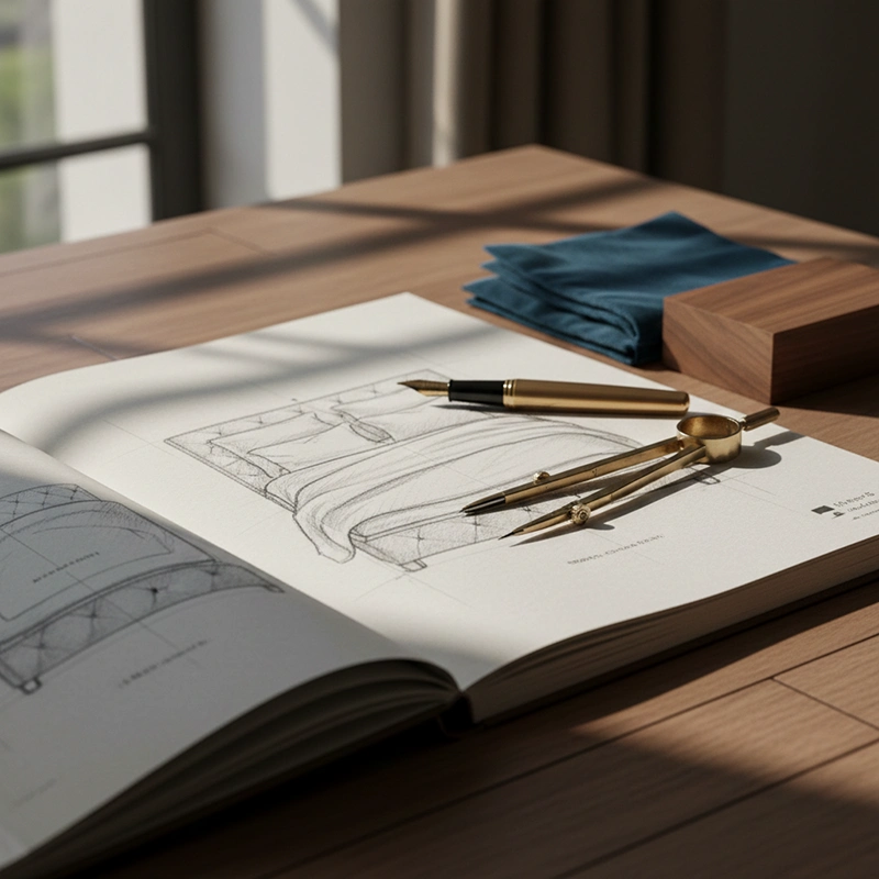 Croquis de Desenho de Cama Estofada com Compassso Dourado