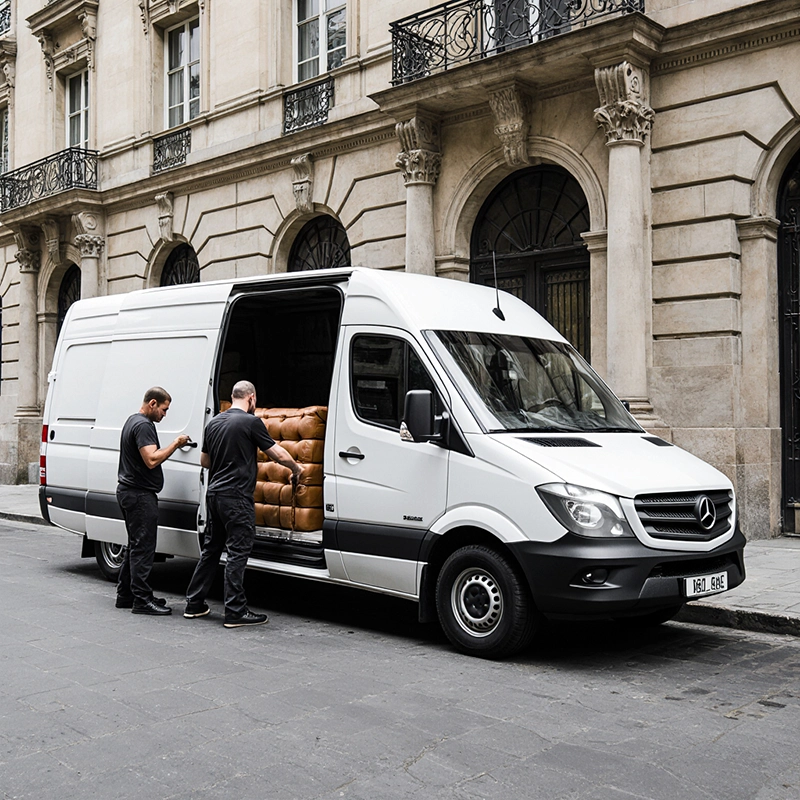 Dois Homens descarregando um soá de uma carrinha branca