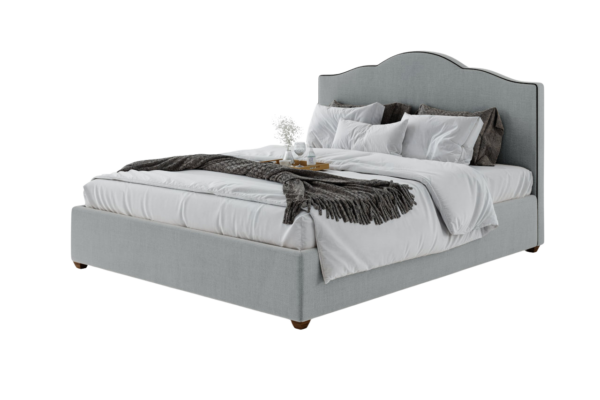Sofisticada cama estofada AD Boutique em cinza claro com cabeceira curva e capitonê, acabamento premium, enxoval branco exclusivo.