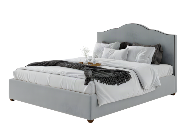 Sofisticada cama estofada AD Boutique em cinza claro com cabeceira curva e capitonê, acabamento premium, enxoval branco exclusivo.