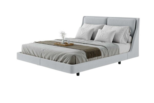Cama estofada AD Boutique com cabeceira alta em capitonê, linho premium, enxoval branco impecável e detalhes exclusivos de luxo.