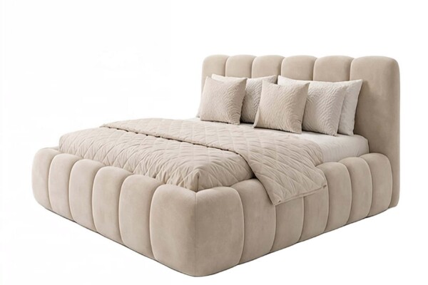 Cama Estofada Gommos2 AD Boutique: cabeceira e estrutura em capitonê premium, linho exclusivo, colcha e almofadas luxo bege.