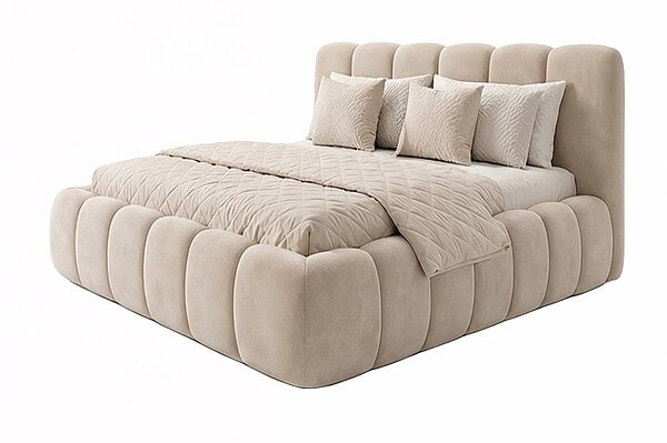 A Cama Estofada Gommos2 AD Boutique exibe capitonê artesanal e estofamento premium nude, com detalhes exclusivos de luxo.