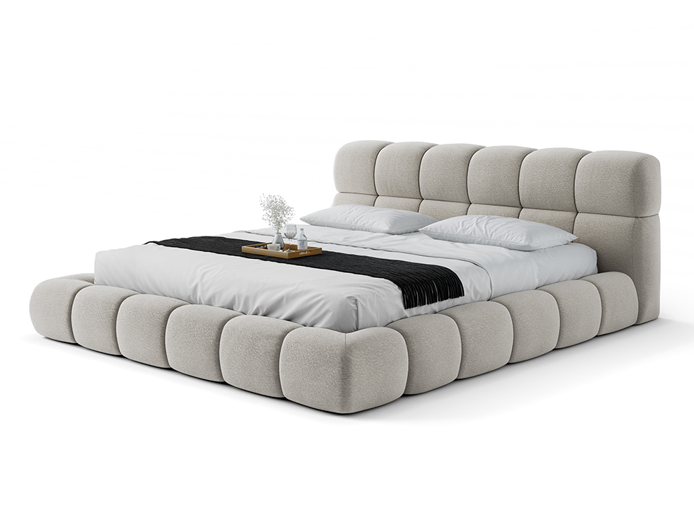 Cama baixa AD Boutique com estrutura arredondada e capitonê em linho bege, acabamento premium, roupa de cama branca e faixa preta.