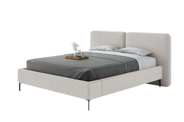 A Cama Estofada Harmony AD Boutique apresenta cabeceira capitonê em linho bege e acabamento premium, com enxoval sofisticado.