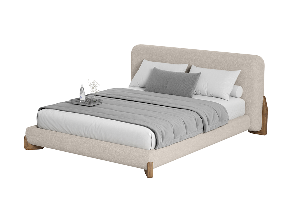 Cama AD Boutique estofada em bege premium com capitonê, pés em madeira nobre e enxoval exclusivo nos tons branco e cinza.
