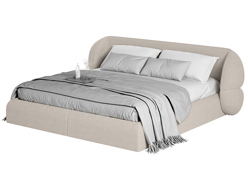 Cama AD Boutique em linho bege premium, cabeceira curva com capitonê refinado, enxoval cinza exclusivo e bandeja elegante sobre o leito.