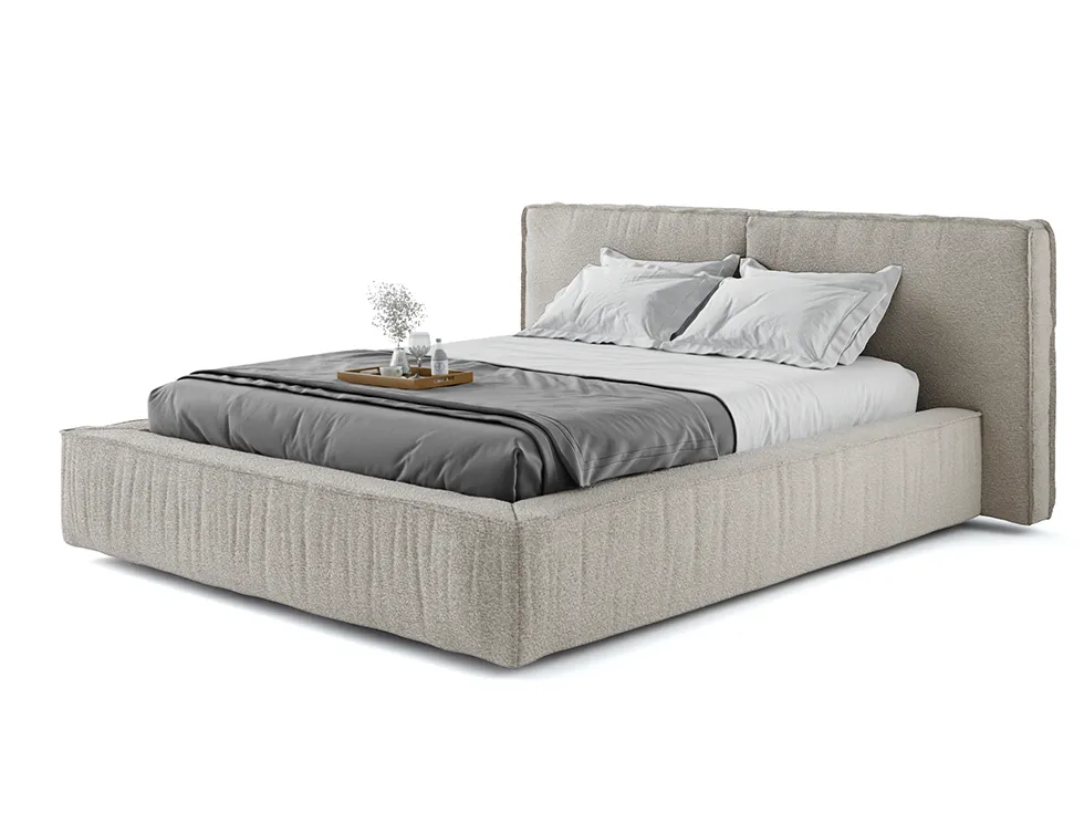 Cama AD Boutique em linho bege premium, cabeceira curva com capitonê refinado, enxoval cinza exclusivo e bandeja elegante sobre o leito.