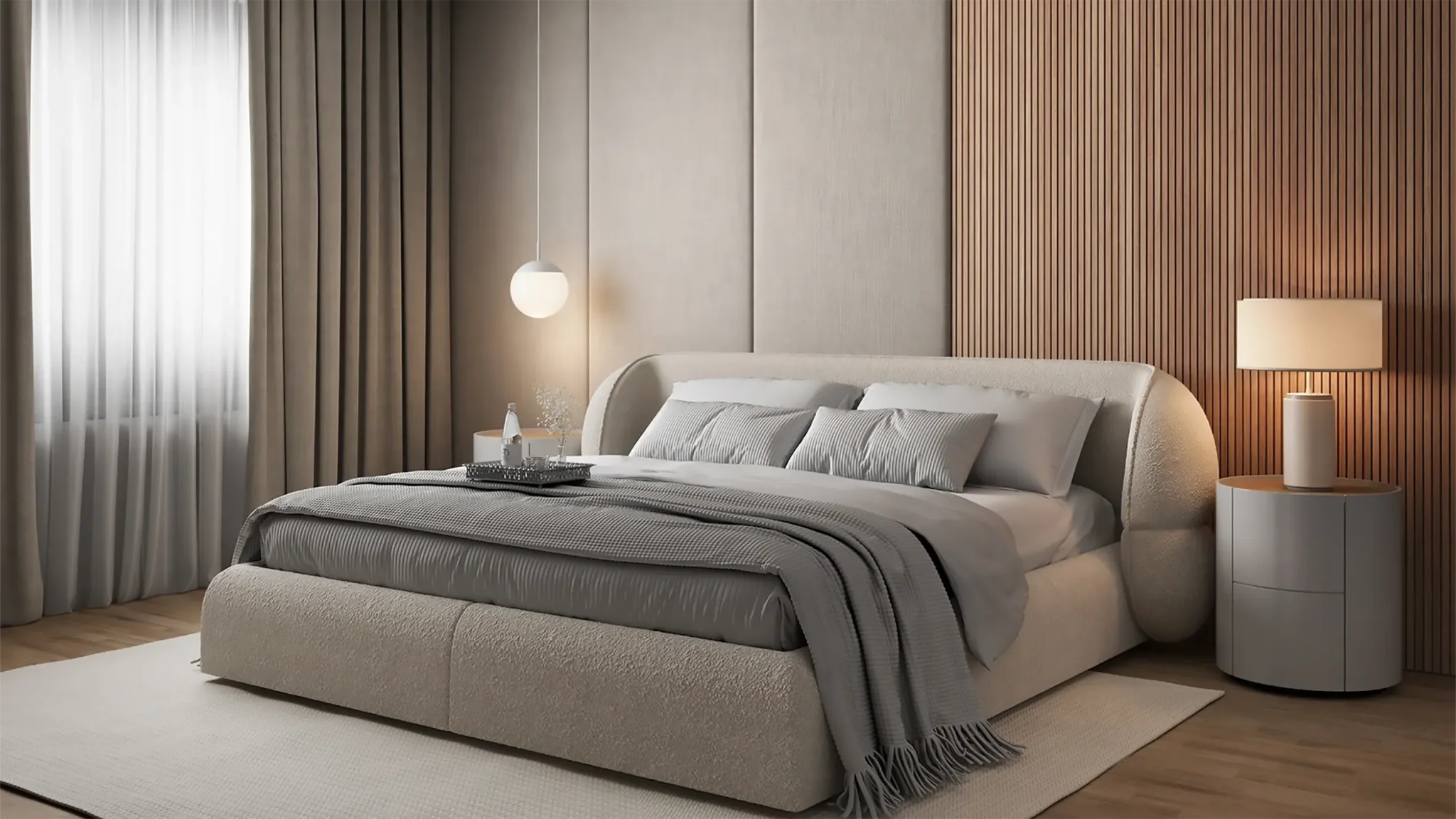 Quarto AD Boutique com cama estofada premium em capitonê, enxoval cinza, mesas laterais arredondadas e cortinas sob medida.
